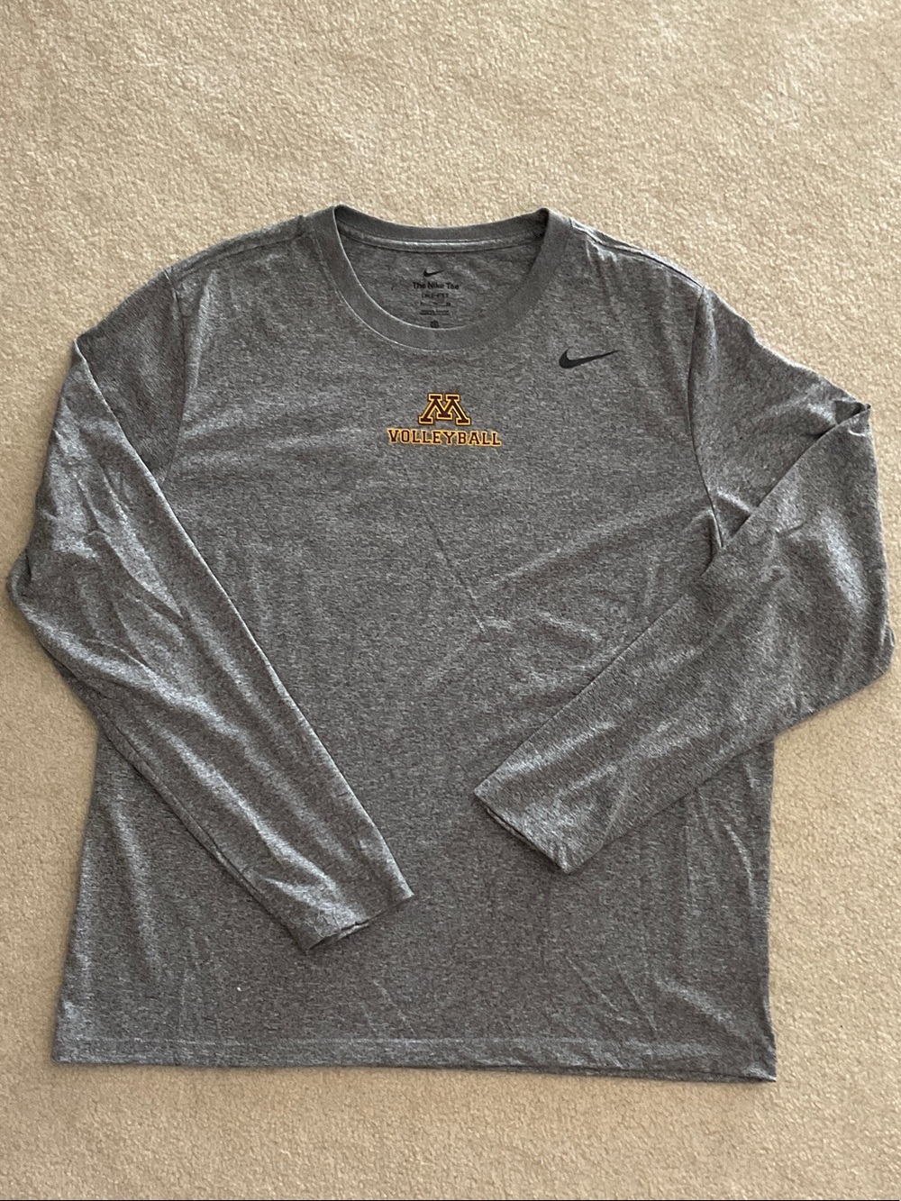 Nike Gray Long-Sleeve Minnesota Volleyball Shirt with Maroon & Gold Logo